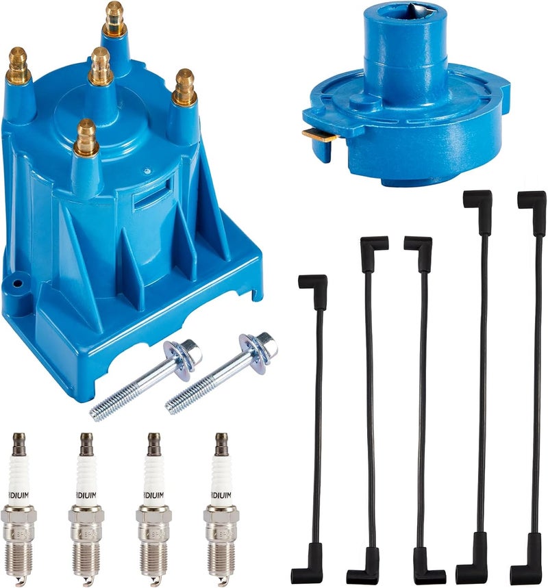 Pindex Tune Up Kit Distributor Cap, Rotor, 4X Spark Plugs, 5X Spark Plug Wires Compatible with 3.0L 4cyl Mer-Cruiser Engines Made by General Motors with Delco EST Ignition Systems, #811635Q2 816761Q14 - Image 1